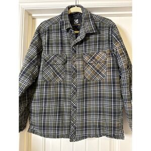BC Clothing Mens L Quilted Flannel Lined Shirt Jacket Green Black Plaid Snaps